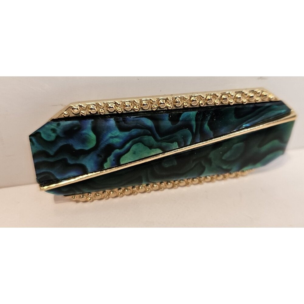 Gold Tone Butler Pin | Brooch Abalone Bar Teal Swirl Color